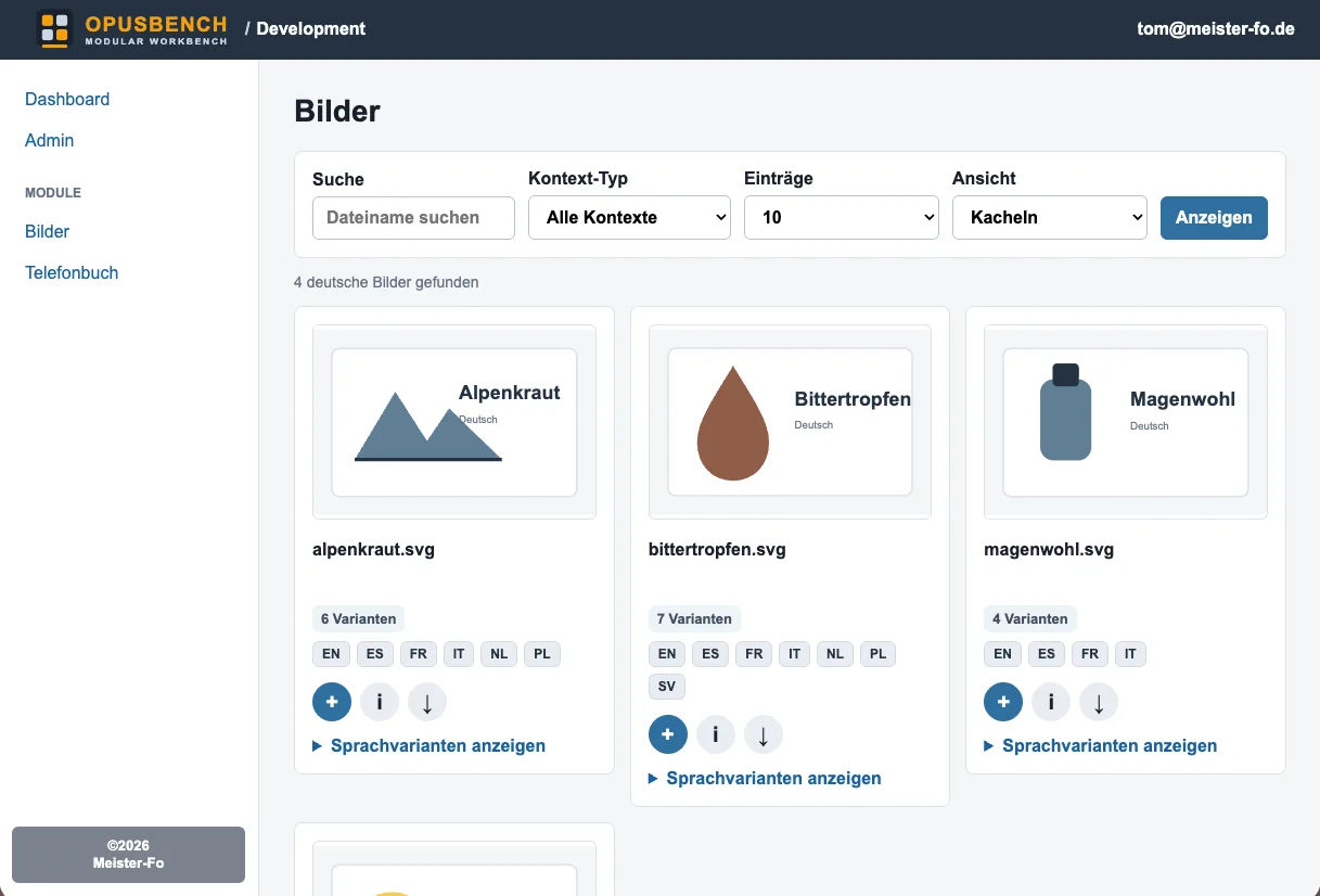 Screenshot von OpusBench mit Bildermodul, Filterleiste und Kachelansicht